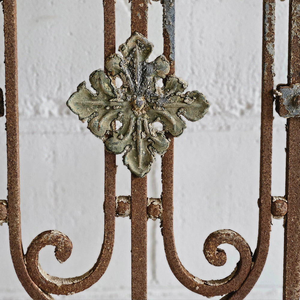 Decorative wrought iron gate with floral design on a white background