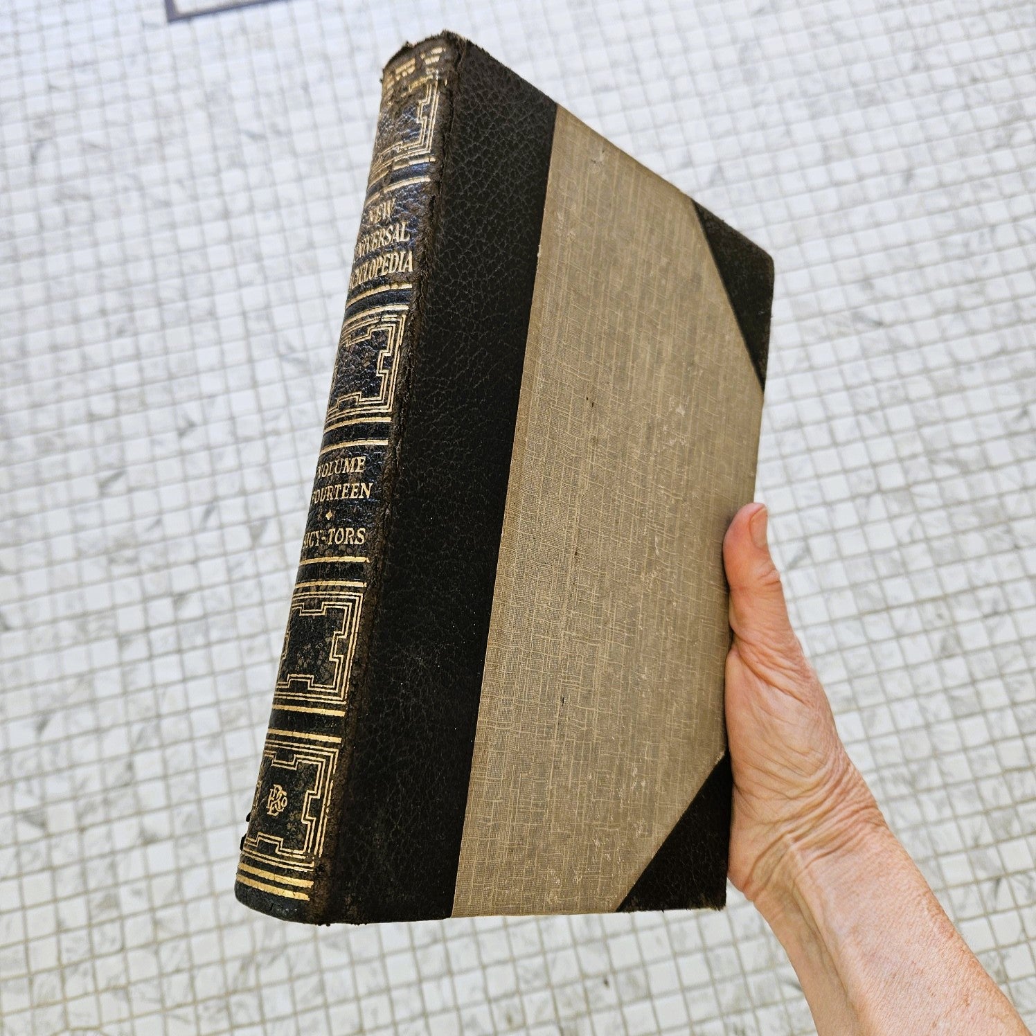 Hand holding a large, thick book with a textured cover against a textured surface.