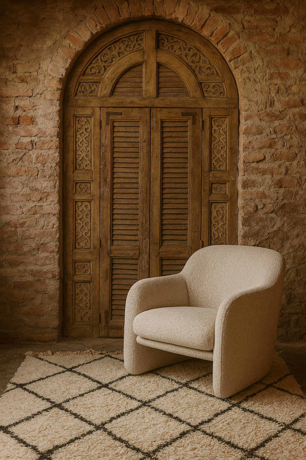 Moroccan wooden doorset with intricate carvings, set into  a brick wall.
