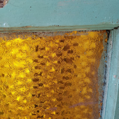 Yellow starburst pattern, salvaged glass